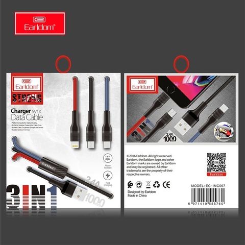Cáp Sạc Dù 3in1 Earldom IMC-067 - Sạc Nhanh 2A cho Điện Thoại, Tích Hợp Lightning, Micro, Type-C, Dài 1m, Chắc Chắn, Đa Năng