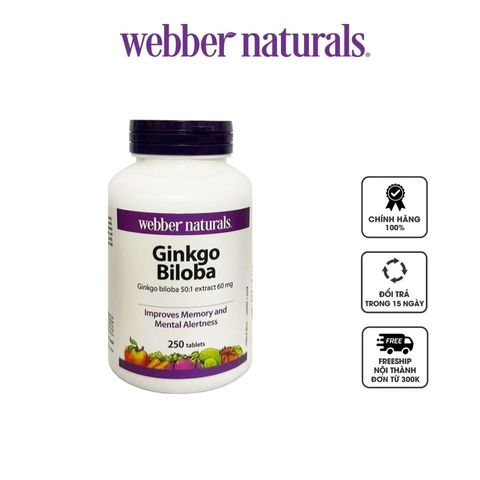 (Sales) Viên uống bổ não Ginkgo Biloba 6000mg Webber Naturals 300 Viên - Tăng cường trí nhớ, cải thiện tâm trạng và hỗ trợ sức khỏe tim mạch Chính hãng 726337