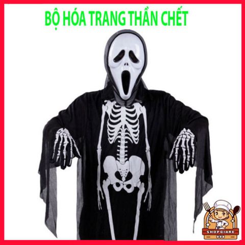 Bộ Trang Phục Thần Chết Halloween - Áo Choàng, Mặt Nạ, Lưỡi Hái & Găng Tay, Hóa Trang Ma Quái Cho Tiệc Tùng