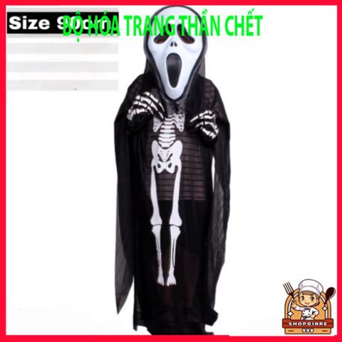 Bộ Trang Phục Thần Chết Halloween - Áo Choàng, Mặt Nạ, Lưỡi Hái & Găng Tay, Hóa Trang Ma Quái Cho Tiệc Tùng