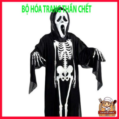 Bộ Trang Phục Thần Chết Halloween - Áo Xương và Mặt Nạ Ma Quái - Trang Phục Hóa Trang Độc Đáo Cho Tiệc và Lễ Hội