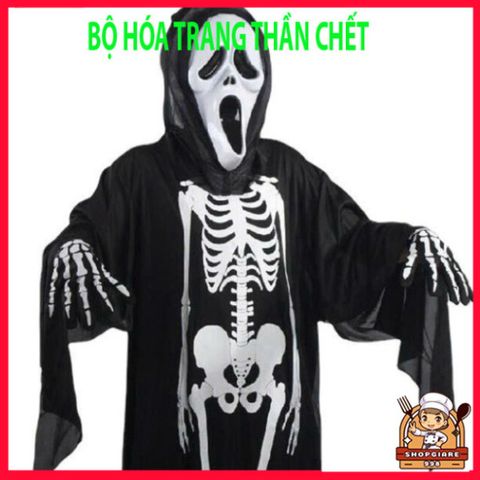 Bộ Trang Phục Thần Chết Halloween - Áo Xương và Mặt Nạ Ma Quái - Trang Phục Hóa Trang Độc Đáo Cho Tiệc và Lễ Hội