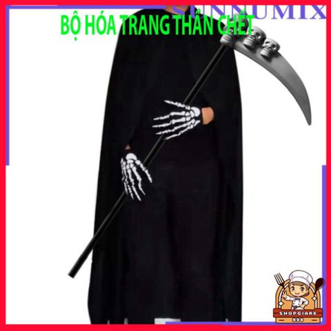Bộ Trang Phục Thần Chết Halloween 3 Mảnh Với Họa Tiết Xương Đầu Lâu - Áo Choàng, Găng Tay Phù Hợp Cho Tiệc Hóa Trang