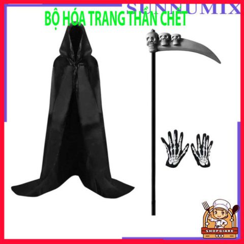 Bộ Trang Phục Thần Chết Halloween 3 Mảnh Với Họa Tiết Xương Đầu Lâu - Áo Choàng, Găng Tay Phù Hợp Cho Tiệc Hóa Trang