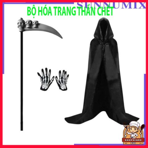 Bộ Trang Phục Thần Chết Halloween 3 Mảnh Với Họa Tiết Xương Đầu Lâu - Áo Choàng, Găng Tay Phù Hợp Cho Tiệc Hóa Trang