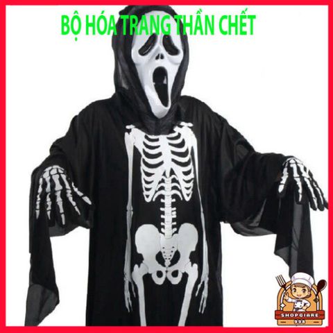Bộ trang phục Thần Chết Cosplay Đen Huyền Bí cho Người Lớn và Trẻ Em - Trang Phục Halloween với Hình Họa Đầu Lâu Kinh Dị