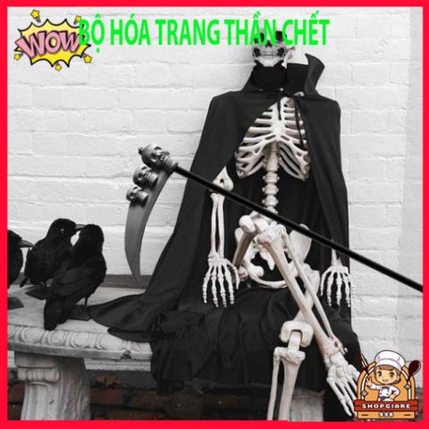 Bộ Trang Phục Halloween Thần Chết 3 Món Cho Trẻ Em - Áo Choàng, Găng Tay Xương và Mặt Nạ Đầu Lâu Scream Hóa Trang Ma Quái