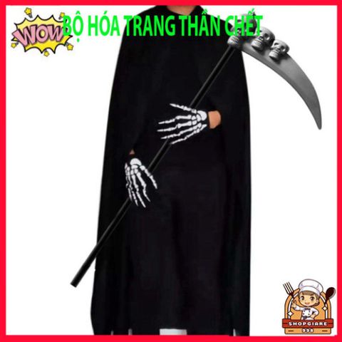 Bộ Trang Phục Halloween Thần Chết 3 Món Cho Trẻ Em - Áo Choàng, Găng Tay Xương và Mặt Nạ Đầu Lâu Scream Hóa Trang Ma Quái