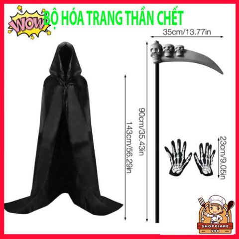 Bộ Trang Phục Halloween Thần Chết 3 Món Cho Trẻ Em - Áo Choàng, Găng Tay Xương và Mặt Nạ Đầu Lâu Scream Hóa Trang Ma Quái