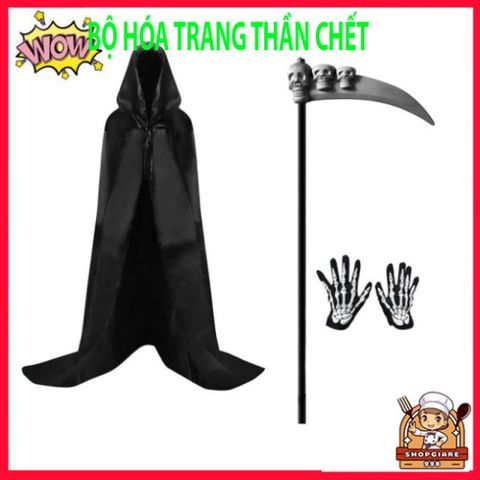 Bộ Trang Phục Halloween Thần Chết 3 Món Cho Trẻ Em - Áo Choàng, Găng Tay Xương và Mặt Nạ Đầu Lâu Scream Hóa Trang Ma Quái