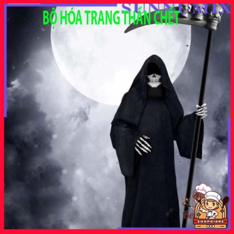 Bộ trang phục Thần Chết quái dị cho Halloween: lưỡi hái, bao tay, mặt nạ và áo choàng xương đầu lâu. 580838