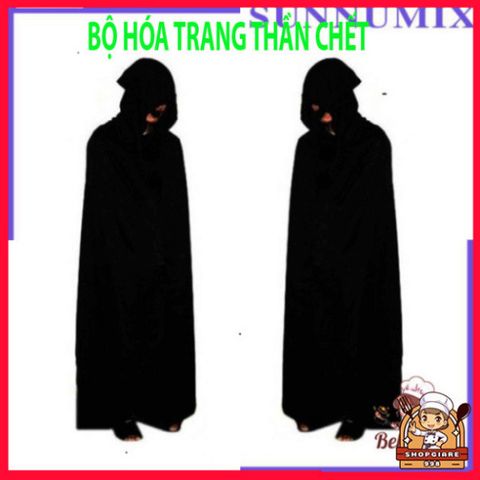 Bộ trang phục Thần Chết quái dị cho Halloween: lưỡi hái, bao tay, mặt nạ và áo choàng xương đầu lâu. 580838
