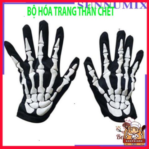Bộ trang phục Thần Chết quái dị cho Halloween: lưỡi hái, bao tay, mặt nạ và áo choàng xương đầu lâu. 580838