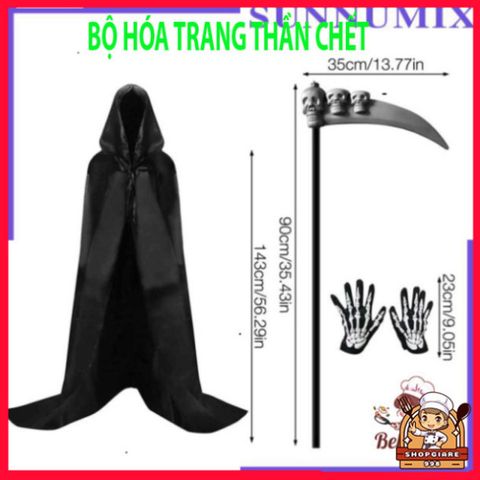 Bộ trang phục Thần Chết quái dị cho Halloween: lưỡi hái, bao tay, mặt nạ và áo choàng xương đầu lâu. 580838
