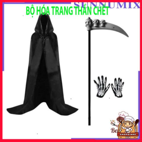 Bộ trang phục Thần Chết quái dị cho Halloween: lưỡi hái, bao tay, mặt nạ và áo choàng xương đầu lâu. 580838