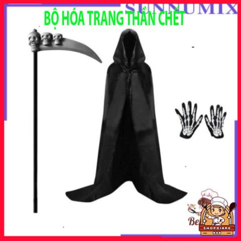 Bộ trang phục Thần Chết quái dị cho Halloween: lưỡi hái, bao tay, mặt nạ và áo choàng xương đầu lâu. 580838