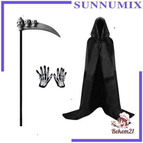 Bộ trang phục Thần Chết quái dị cho Halloween: lưỡi hái, bao tay, mặt nạ và áo choàng xương đầu lâu. 580838