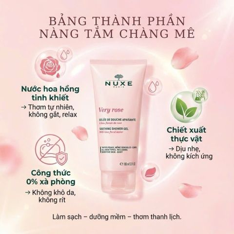 Gel Tắm Nuxe Very Rose Soothing 100ml - Sữa Tắm Thư Giãn Hương Hoa Hồng Tự Nhiên, Duy Trì Độ Ẩm Và Làm Dịu Da