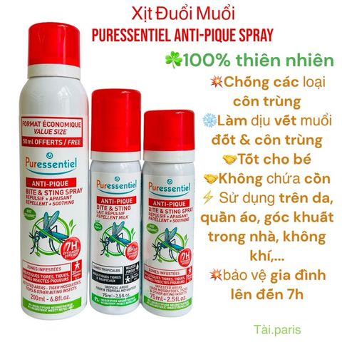 Xịt Đuổi Muỗi và Côn Trùng 100% Thiên Nhiên Puressentiel Anti-Pique 200ml - An Toàn Cho Bé và Gia Đình, Hiệu Quả 7h, Mùi Tinh Dầu Dễ Chịu