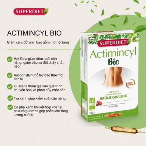Nước Uống Giảm Mỡ Superdiet Actimincyl Bio – Detox cơ thể, Đốt mỡ, Săn chắc vòng eo – Hộp 20 ống hữu cơ từ Pháp
