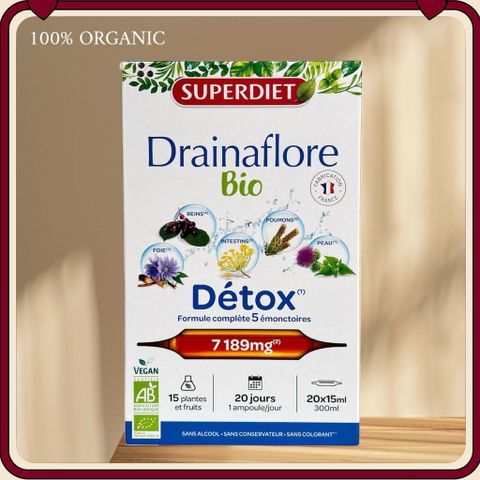 Nước Uống Detox Superdiet Drainaflore Pháp - Thải Độc Gan, Thận, Ruột, Hỗ Trợ Tiêu Hóa - Hộp 20 Ống Hữu Cơ 300ml