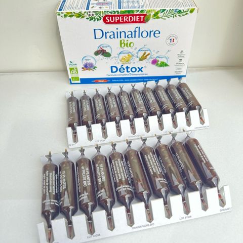 Nước Uống Detox Superdiet Drainaflore Pháp - Thải Độc Gan, Thận, Ruột, Hỗ Trợ Tiêu Hóa - Hộp 20 Ống Hữu Cơ 300ml