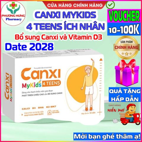 Canxi Mykids 4 TEENS - Thực phẩm bổ sung Canxi và Vitamin D3 cho trẻ em, hỗ trợ phát triển chiều cao và xương chắc khỏe - Hộp 30 viên