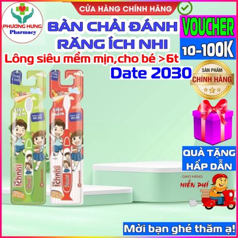 Bàn Chải Đánh Răng Ích Nhi Cao Cấp - Lông Siêu Mềm, Chống Khuẩn 99.9%, An Toàn Cho Trẻ Trên 6 Tuổi, Thiết Kế Đáng Yêu