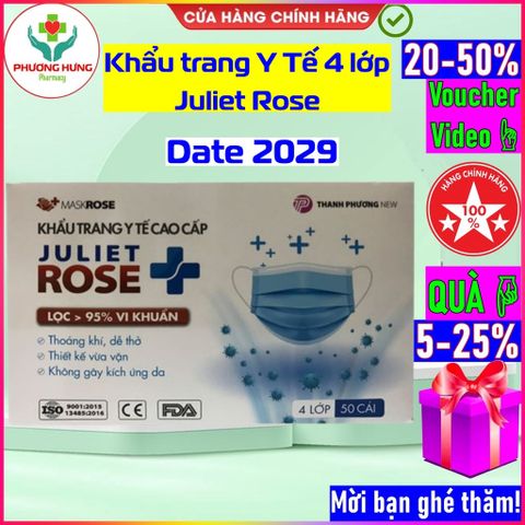 Khẩu Trang Y Tế Kháng Khuẩn 4 Lớp Juliet Rose - Bảo Vệ Đường Hô Hấp, Lọc Vi Khuẩn Trên 99% - Hộp 50 Cái Chính Hãng
