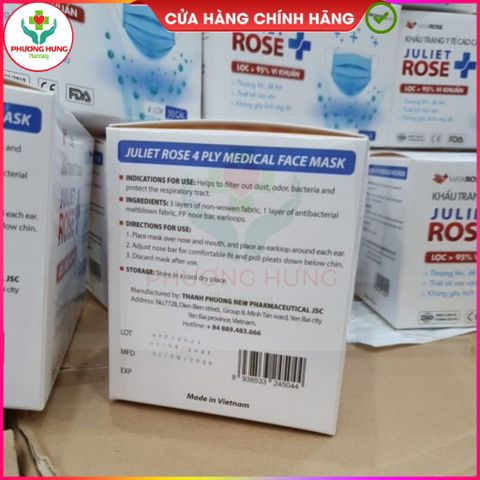 Khẩu Trang Y Tế Kháng Khuẩn 4 Lớp Juliet Rose - Bảo Vệ Đường Hô Hấp, Lọc Vi Khuẩn Trên 99% - Hộp 50 Cái Chính Hãng
