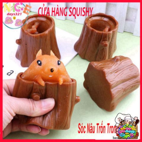 SÓC NÂU TRỐN TRONG GỐC CÂY Squishy Mochi - Đồ Chơi Thư Giãn Dễ Thương, Giải Tỏa Stress, Món Quà Tuyệt Vời Cho Trẻ Em Và Người Lớn