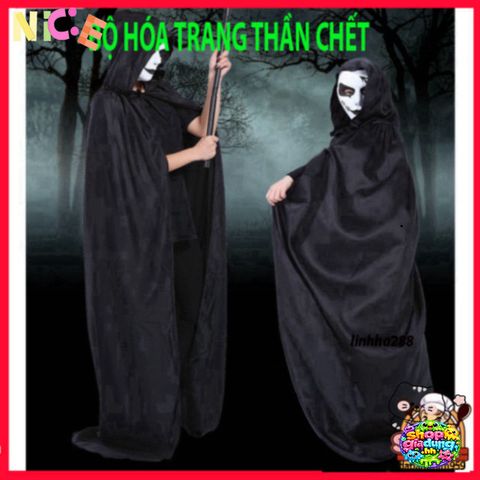 Bộ Trang Phục Thần Chết Halloween Cao Cấp Cho Nam Nữ - Áo Quần Ma Quái Kèm Mặt Nạ Huyền Bí và Găng Tay ấn Tượng
