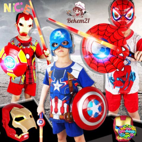 Bộ Trang Phục Siêu Nhân Captain America - Áo Choàng, Mặt Nạ LED, Khiên Phát Sáng và Gậy Âm Thanh - Đồ Hóa Trang Đầy Sáng Tạo Cho Trẻ Em