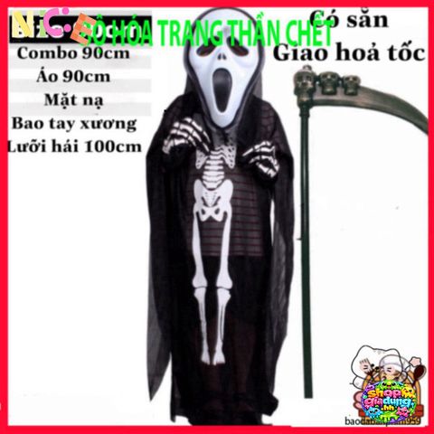 Bộ Trang Phục Hóa Trang Thần Chết Halloween - Áo Choàng, Mặt Nạ & Găng Tay Cho Bé & Người Lớn - Phù Hợp Với Các Kích Cỡ Khác Nhau