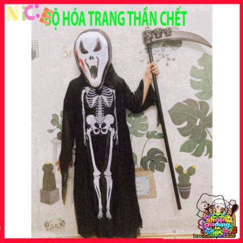 Bộ Trang Phục Hóa Trang Thần Chết Halloween - Áo Choàng, Mặt Nạ & Găng Tay Cho Bé & Người Lớn - Phù Hợp Với Các Kích Cỡ Khác Nhau