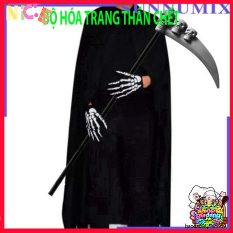 Bộ Trang Phục Halloween Thần Chết 3 Món - Áo Choàng và Găng Tay Xương Độc Đáo cho Tiệc Hóa Trang và Lễ Hội Ma Quái