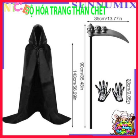 Bộ Trang Phục Halloween Thần Chết 3 Món - Áo Choàng và Găng Tay Xương Độc Đáo cho Tiệc Hóa Trang và Lễ Hội Ma Quái