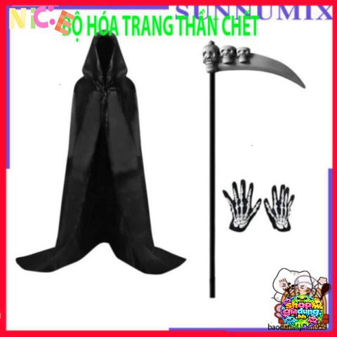 Bộ Trang Phục Halloween Thần Chết 3 Món - Áo Choàng và Găng Tay Xương Độc Đáo cho Tiệc Hóa Trang và Lễ Hội Ma Quái