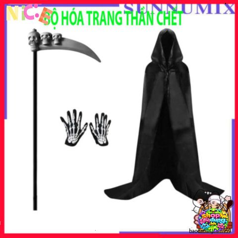 Bộ Trang Phục Halloween Thần Chết 3 Món - Áo Choàng và Găng Tay Xương Độc Đáo cho Tiệc Hóa Trang và Lễ Hội Ma Quái