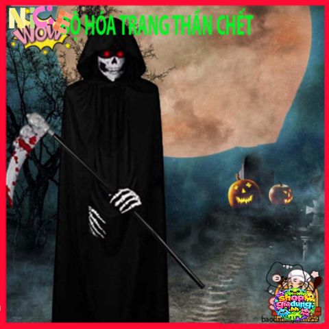 Bộ Trang Phục Halloween Thần Chết Xương - Áo Choàng Đen Có Mũ & Găng Tay Thần Chết - Phụ Kiện Tiệc Hóa Trang Ma Quái