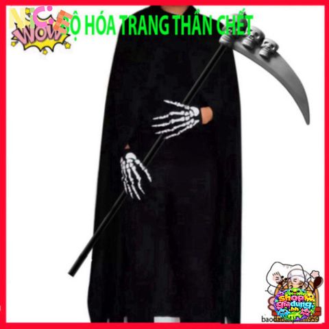 Bộ Trang Phục Halloween Thần Chết Xương - Áo Choàng Đen Có Mũ & Găng Tay Thần Chết - Phụ Kiện Tiệc Hóa Trang Ma Quái
