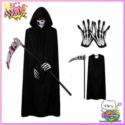 Bộ Trang Phục Halloween Thần Chết Xương - Áo Choàng Đen Có Mũ & Găng Tay Thần Chết - Phụ Kiện Tiệc Hóa Trang Ma Quái