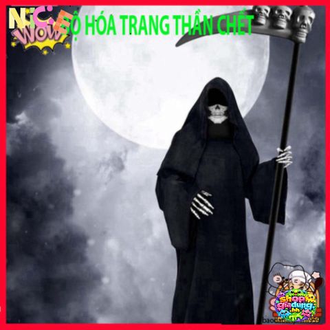 Bộ Trang Phục Halloween Thần Chết Xương - Áo Choàng Đen Có Mũ & Găng Tay Thần Chết - Phụ Kiện Tiệc Hóa Trang Ma Quái