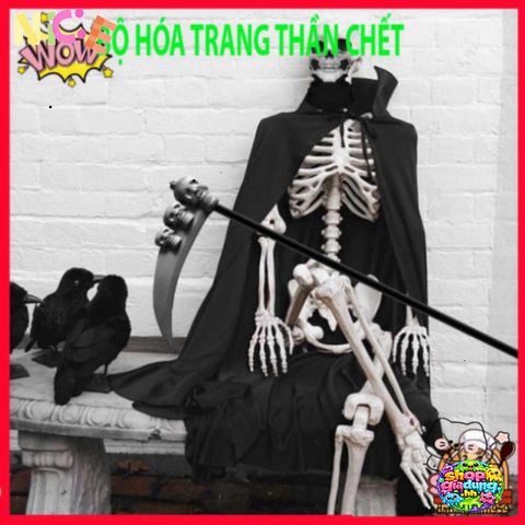 Bộ Trang Phục Halloween Thần Chết Xương - Áo Choàng Đen Có Mũ & Găng Tay Thần Chết - Phụ Kiện Tiệc Hóa Trang Ma Quái