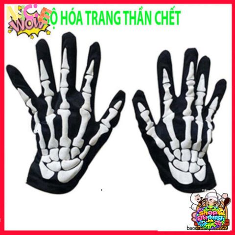 Bộ Trang Phục Halloween Thần Chết Xương - Áo Choàng Đen Có Mũ & Găng Tay Thần Chết - Phụ Kiện Tiệc Hóa Trang Ma Quái