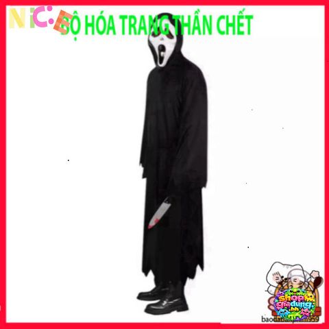 Trang Phục Thần Chết Halloween Cho Người Lớn - Bộ Áo Dài, Găng Tay, Mặt Nạ Chùm Đầu - Phong Cách Bí Ẩn, Hấp Dẫn 1.65m-1.8m