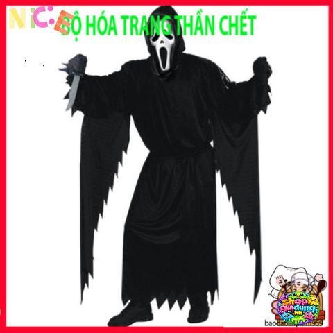 Trang Phục Thần Chết Halloween Cho Người Lớn - Bộ Áo Dài, Găng Tay, Mặt Nạ Chùm Đầu - Phong Cách Bí Ẩn, Hấp Dẫn 1.65m-1.8m