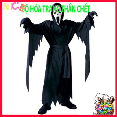 Trang Phục Thần Chết Halloween Cho Người Lớn - Bộ Áo Dài, Găng Tay, Mặt Nạ Chùm Đầu - Phong Cách Bí Ẩn, Hấp Dẫn 1.65m-1.8m