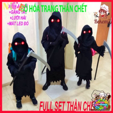 Trang Phục Halloween Thần Chết Scream - Bộ 4 Món Cho Người Lớn & Trẻ Em - Áo Choàng, Găng Tay, Mặt Nạ, Lưỡi Hái Ma Quái
