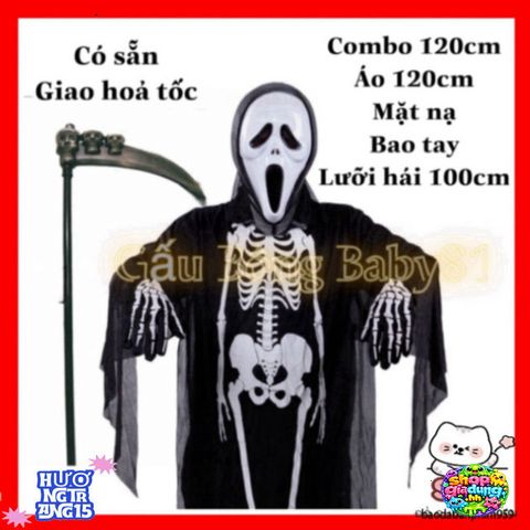 Bộ Trang Phục Hóa Trang Thần Chết Halloween - Áo Bộ Xương + Mặt Nạ Ma + Lưỡi Hái 1m - Phụ Kiện Cuốn Hút Cho Lễ Hội Ma Quái